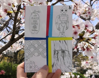 A collection of line art illustrations from around Japan including Pepper the robot, a kimono patter, tree and sake printed art card