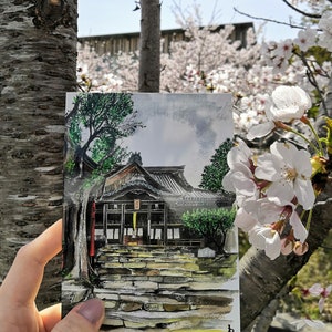 Une scène japonaise traditionnelle peinte : Temple Isakiji à Omihachiman, carte d'art imprimée Shiga