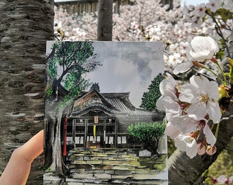 A painted traditional Japanese scene: Isakiji Temple in Omihachiman, Shiga printed art card