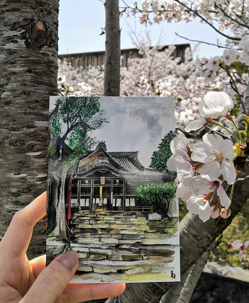 A painted traditional Japanese scene: Isakiji Temple in Omihachiman, Shiga printed art card image 1