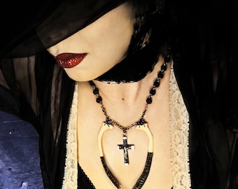 Real Bone Necklace with Vintage Crucifix and Recycled Black Rosary Beads Goth Sexy