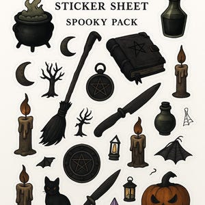 Puede incluir: Hoja de pegatinas 'Classic Dark Witch' con ilustraciones de un caldero, una escoba, velas, un gato negro y una calabaza tallada. También incluye el texto 'Spooky Pack'.