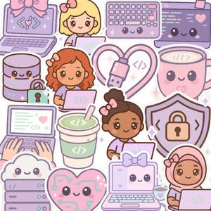 Puede incluir: Una colección de pegatinas bonitas en colores pastel que representan ordenadores portátiles, teclados y símbolos de codificación. Las pegatinas incluyen personajes sonrientes, corazones y una taza de café. El tema general está relacionado con la tecnología y la codificación.