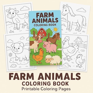 Puede incluir: Un "Libro para colorear de animales de granja" con una portada azul que presenta ilustraciones de animales de granja. Alrededor del libro hay dibujos lineales en blanco y negro de una vaca, un cerdo, un caballo, una gallina y una oveja. El texto "Libro para colorear de animales de granja Páginas para colorear imprimibles" está en la parte inferior.