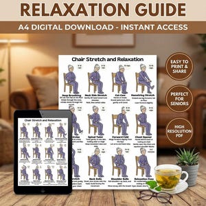 Könnte beinhalten: Ein digitaler Download mit dem Titel "Stuhl-Stretch- und Entspannungsanleitung" mit Illustrationen von Stuhlübungen. Enthält ein Tablet und eine Tasse Tee. Der Text auf dem Bild lautet "Einfach zu drucken und zu teilen" und "Perfekt für Senioren."