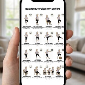 May include: A smartphone displays a guide titled "Balance Exercises for Seniors." The guide features illustrations of various exercises, including heel raises, toe raises, and step-ups. The exercises are designed to improve balance and stability.