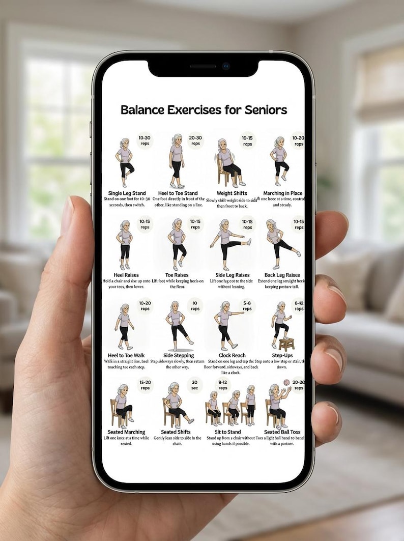 May include: A smartphone displays a guide titled "Balance Exercises for Seniors." The guide features illustrations of various exercises, including heel raises, toe raises, and step-ups. The exercises are designed to improve balance and stability.