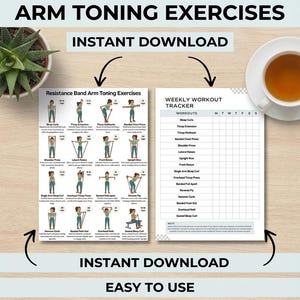 May include: A digital download featuring resistance band arm toning exercises and a weekly workout tracker. The image includes illustrations of 16 exercises, a workout tracker, and text that reads "Instant Download" and "Easy to Use."