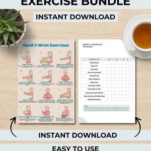 May include: A digital hand and wrist exercise bundle with an instant download. The bundle includes exercise diagrams and a weekly workout tracker. The text includes "Hand & Wrist Exercise Bundle", "Instant Download", "Easy to Use", and "Multiple Sizes Included (A3 & A4)".