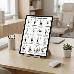 May include: A tablet displaying "Balance Exercises for Seniors" on a wooden desk. The screen shows illustrated exercises with instructions. A white mouse and a small succulent plant are also on the desk. Pens and a notepad are in the background.