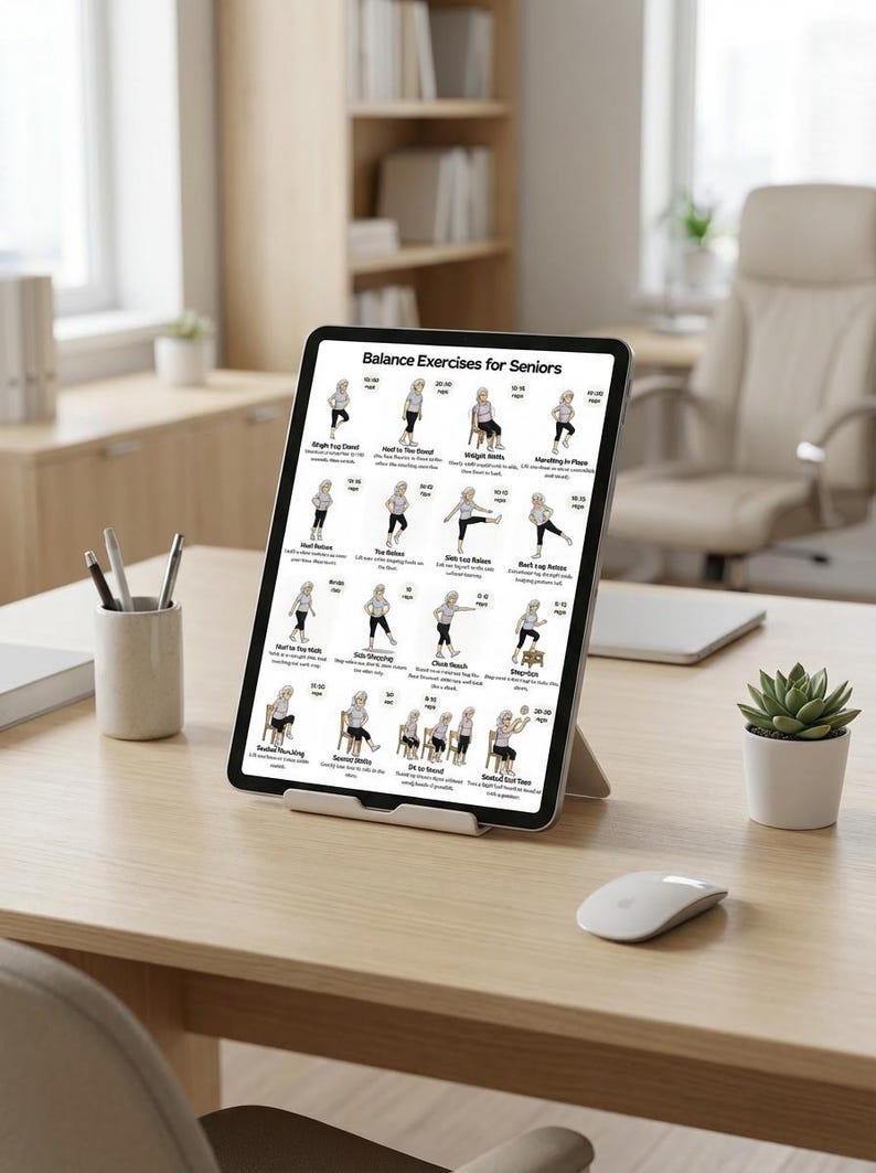 May include: A tablet displaying "Balance Exercises for Seniors" on a wooden desk. The screen shows illustrated exercises with instructions. A white mouse and a small succulent plant are also on the desk. Pens and a notepad are in the background.