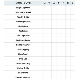 May include: A white weekly workout tracker with a grid for tracking exercises. The tracker includes a list of exercises such as Single Leg Stand, Heel to Toe Stand, and Heel Raises. The text "WEEKLY WORKOUT TRACKER" is at the top.