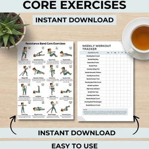 Könnte beinhalten: Ein Fitness-Ratgeber mit dem Text „RESISTANCE BAND CORE EXERCISES“ und „INSTANT DOWNLOAD“. Der Ratgeber enthält Illustrationen von 16 Übungen und einen wöchentlichen Trainingsplan. Eine Tasse Tee und eine Topfpflanze sind ebenfalls zu sehen.