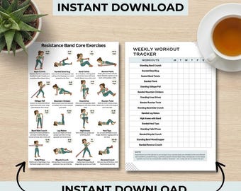Resistance Band Core Workout Printable | Ab & Belly Fat Exercises, Home Fitness Chart + Workout Tracker