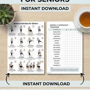 Puede incluir: Una guía imprimible titulada "Ejercicios de equilibrio para personas mayores" con ilustraciones de ejercicios y un seguimiento semanal de ejercicios. Incluye 16 ejercicios, fácil de usar, descarga instantánea.