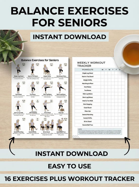 Balance Exercises for Seniors Printable | Fall Prevention Workout | Weekly Tracker | Chair & Standing Exercises