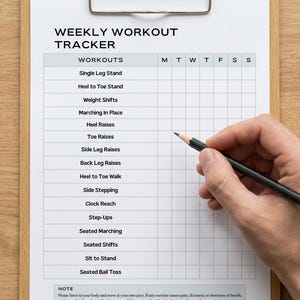 May include: A wooden clipboard holds a printed weekly workout tracker. The tracker lists exercises like single leg stands and heel raises. A hand holds a pencil, ready to mark the workout progress.