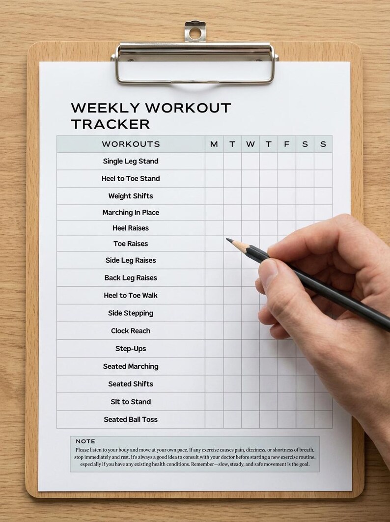 May include: A wooden clipboard holds a printed weekly workout tracker. The tracker lists exercises like single leg stands and heel raises. A hand holds a pencil, ready to mark the workout progress.