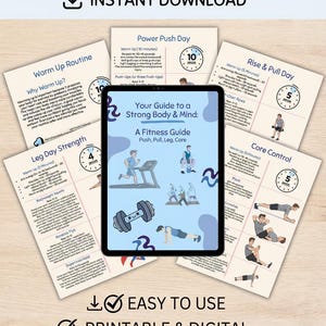 Può includere: Guida di fitness digitale con il testo "Download istantaneo". La guida include un piano di allenamento di 6 pagine con esercizi per allenamenti di spinta, trazione, gambe e core. La guida è stampabile e digitale.