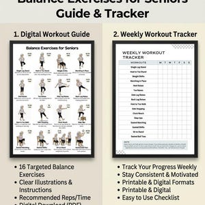May include: Digital workout guide and weekly tracker for balance exercises for seniors. The guide includes 16 targeted exercises with clear illustrations and instructions. The tracker helps users stay consistent and motivated. Printable and digital formats are available.