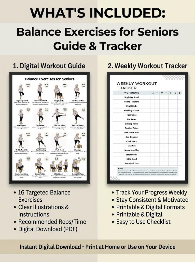 May include: Digital workout guide and weekly tracker for balance exercises for seniors. The guide includes 16 targeted exercises with clear illustrations and instructions. The tracker helps users stay consistent and motivated. Printable and digital formats are available.