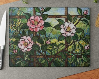 Tabla de cortar de vidrio con diseño floral de Craftsman / Rosa, verde y amarillo