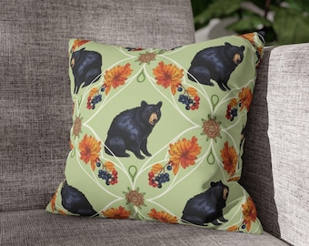 Funda de almohada de oso negro: decoración rústica de cabaña, cojín de ante sintético