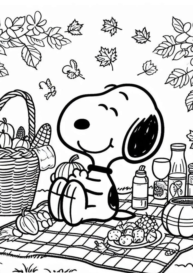 May include: Black and white line art illustration of Snoopy from Peanuts enjoying a picnic. Snoopy is sitting on a checkered blanket, surrounded by a basket of pumpkins and corn, a plate of food, and bottles.