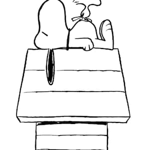 May include: Black and white cartoon illustration of Snoopy and Woodstock. Snoopy is lying on top of his doghouse, and Woodstock is perched on Snoopy's back. The doghouse is a simple, rectangular structure with a sloped roof.