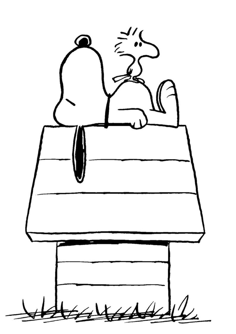 May include: Black and white cartoon illustration of Snoopy and Woodstock. Snoopy is lying on top of his doghouse, and Woodstock is perched on Snoopy's back. The doghouse is a simple, rectangular structure with a sloped roof.
