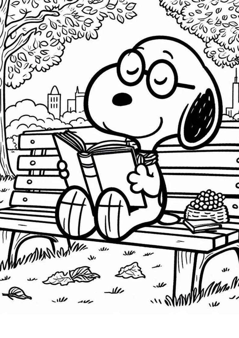 May include: Black and white line art illustration of Snoopy wearing glasses, sitting on a park bench and reading a book. A small basket of grapes and a book are on the bench next to him. Leaves are scattered on the ground.