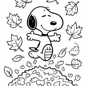 May include: Black and white line art illustration of Snoopy jumping in a pile of leaves. Several falling leaves surround Snoopy, with a few more leaves and a small bird-like figure in the background. The image is a cartoon.