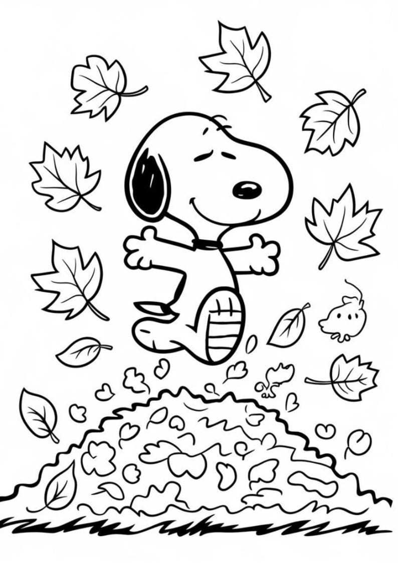 May include: Black and white line art illustration of Snoopy jumping in a pile of leaves. Several falling leaves surround Snoopy, with a few more leaves and a small bird-like figure in the background. The image is a cartoon.