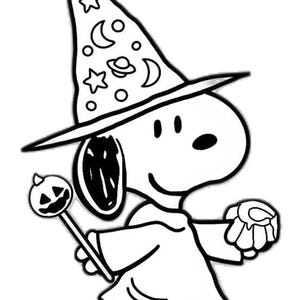 May include: Black and white illustration of Snoopy dressed as a wizard for Halloween. He wears a tall hat decorated with stars, moons, and planets. Snoopy holds a jack-o'-lantern lollipop and a handful of candy.