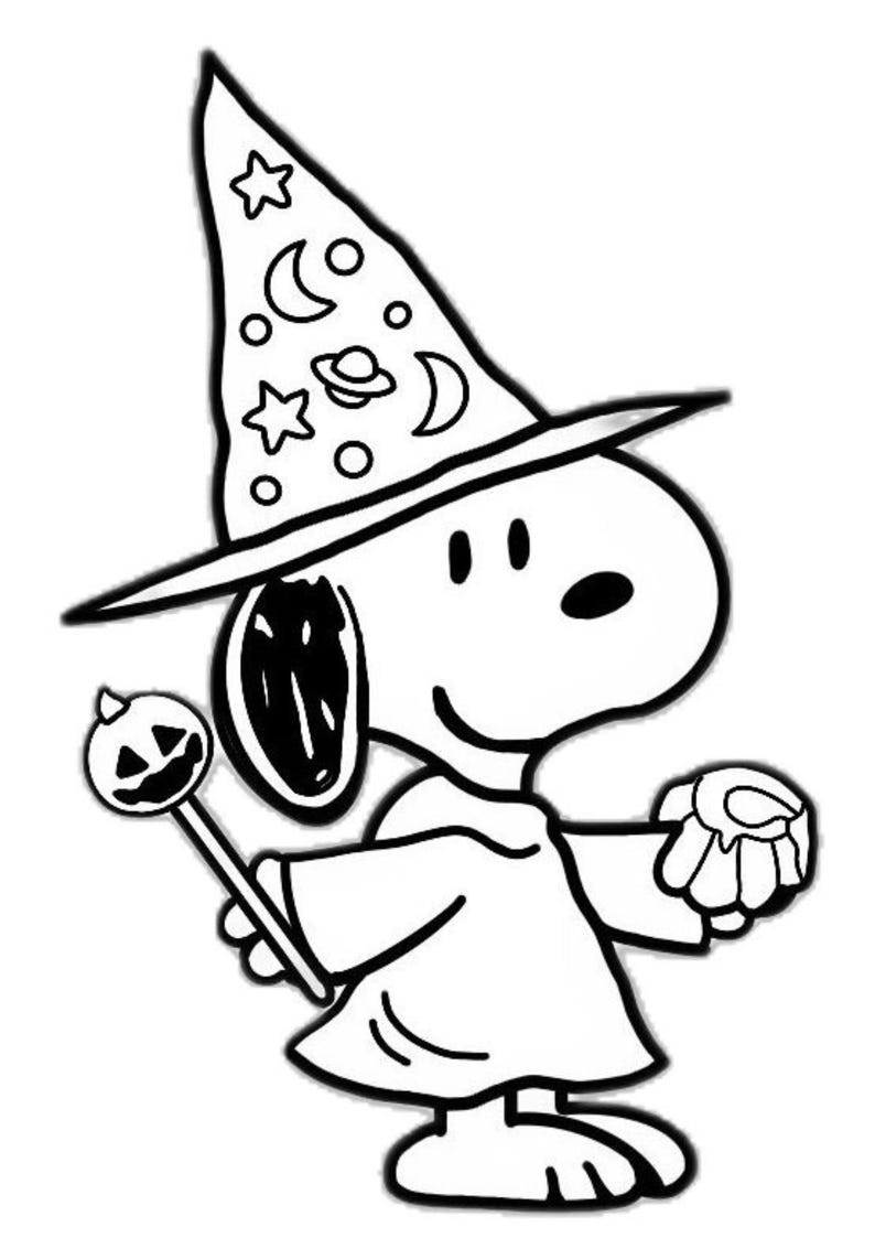 May include: Black and white illustration of Snoopy dressed as a wizard for Halloween. He wears a tall hat decorated with stars, moons, and planets. Snoopy holds a jack-o'-lantern lollipop and a handful of candy.
