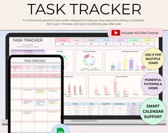 May include: A digital task tracker displayed on a laptop and tablet, with the text "TASK TRACKER" in large black letters. The image includes charts, graphs, and the Google Sheets logo, with the text "Includes YouTube Tutorial".