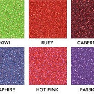 May include: A chart of 14 different glitter colours, including citrus, fuchsia, kiwi, ruby, cabernet, silver, cobalt, grass, platinum, sapphire, hot pink, passion, sky, and midnight.