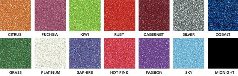 May include: A chart of 14 different glitter colours, including citrus, fuchsia, kiwi, ruby, cabernet, silver, cobalt, grass, platinum, sapphire, hot pink, passion, sky, and midnight.
