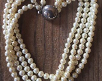 Mid century Quad Strand Faux Pearl Necklace