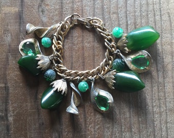 Mid Century Green Glass Bakelite Charm Bracelet