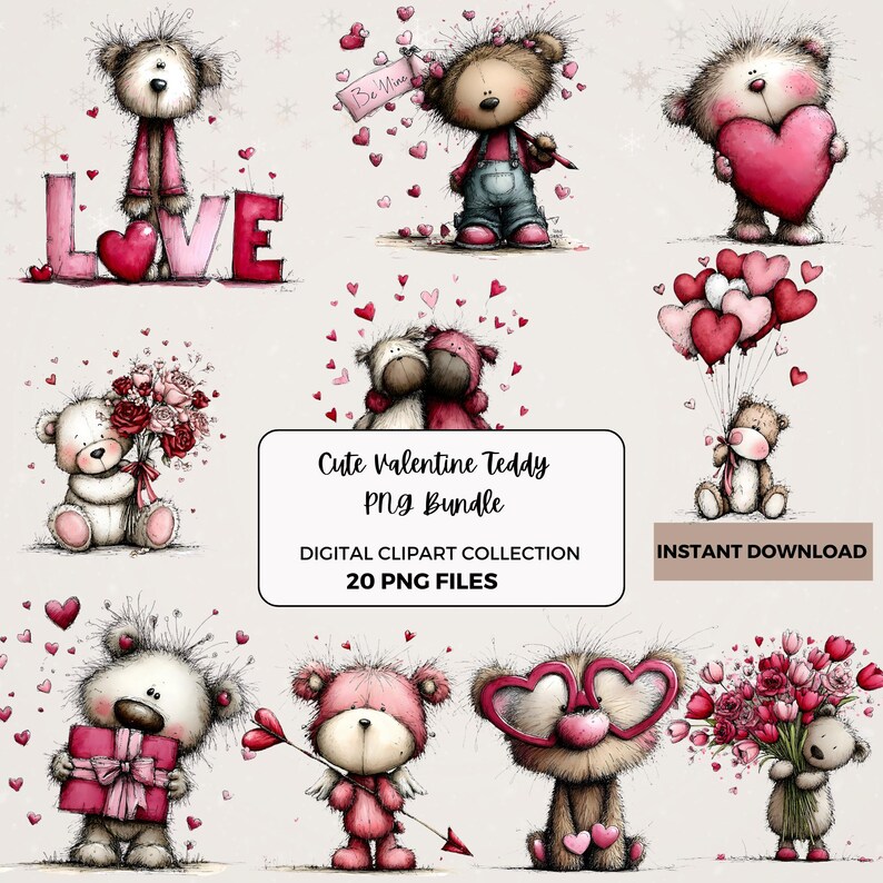 20 Valentine Teddy Bear PNG Bundle Cute Watercolor Bear Clipart Pastel ...