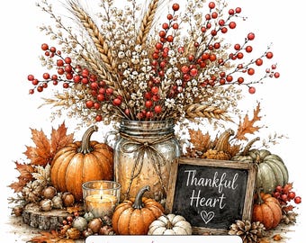 May include: A watercolor illustration of a harvest arrangement featuring a glass jar filled with wheat stalks and red berries, surrounded by orange and white pumpkins, a lit candle, and a small chalkboard sign with the text Thankful Heart.