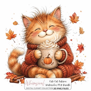 May include: A fluffy orange cat wearing a rust-colored knit sweater, holding a mug with whipped cream and a pumpkin illustration. The cat is surrounded by falling autumn leaves and cinnamon sticks. Text reads: Whimsical Cute Cat Autumn Watercolor PNG Bundle DIGITAL CLIPART COLLECTION 20 PNG FILES.