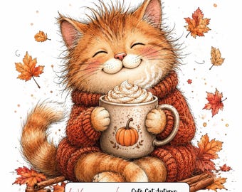 May include: A fluffy orange cat wearing a rust-colored knit sweater, holding a mug with whipped cream and a pumpkin illustration. The cat is surrounded by falling autumn leaves and cinnamon sticks. Text reads: Whimsical Cute Cat Autumn Watercolor PNG Bundle DIGITAL CLIPART COLLECTION 20 PNG FILES.