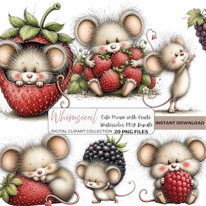 20 PNG Mouse and Berry Clipart Bundle with Strawberries Raspberries and Blackberries