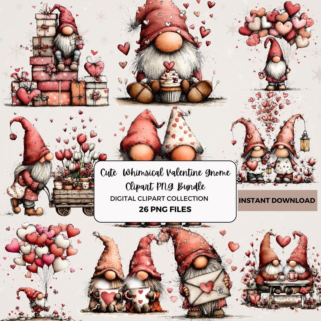 Valentine Gnome Clipart 26 PNG Whimsical Watercolor Love Characters ...