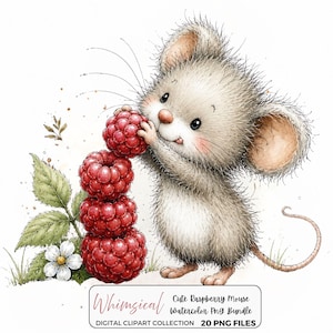 May include: A watercolor illustration of a fluffy light brown mouse holding a vertical stack of four red raspberries next to a green leafy stem with a white flower. Below the mouse, text reads: Whimsical Cute Raspberry Mouse Watercolor Png Bundle DIGITAL CLIPART COLLECTION 20 PNG FILES.
