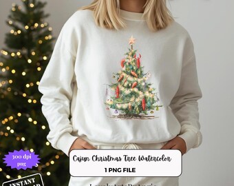 Árbol de Navidad cajún en acuarela PNG, adornos de cangrejo de río de Luisiana (descarga digital)