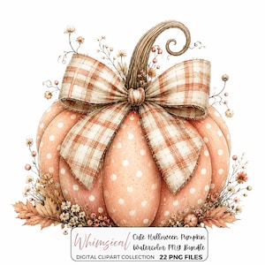 May include: A peach-coloured pumpkin with white polka dots, adorned with a large beige and orange plaid bow. The pumpkin features a brown stem and is surrounded by small dried flowers and autumn leaves. Text reads: Whimsical Cute Halloween Pumpkin Watercolor PNG Bundle DIGITAL CLIPART COLLECTION 22 PNG FILES.