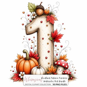 May include: A decorative number one illustration featuring autumn elements including a large orange pumpkin, a small white pumpkin, red maple leaves, a spotted mushroom, an acorn, and berries. Text at the bottom reads Woodland Autumn Numbers.